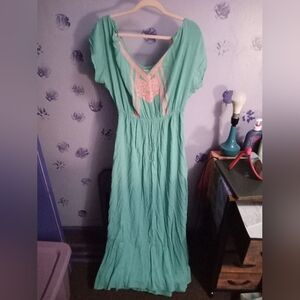 Umgee Teal Maxi Dress With Pink Embroidery